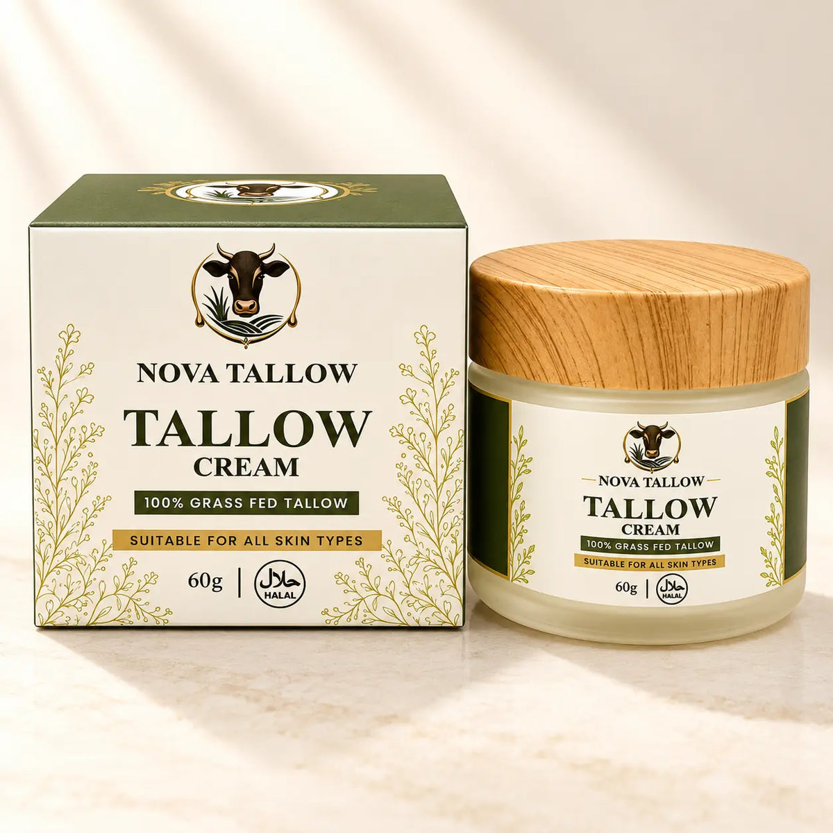 NOVA TALLOW beef tallow cream 60g jar with wooden lid and matching box, featuring grass-fed tallow and halal-labelled skincare packaging.