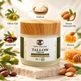 NOVA TALLOW beef tallow cream 60g with grass-fed tallow, olive oil, sweet almond oil, jojoba oil and honey ingredient illustrations.
