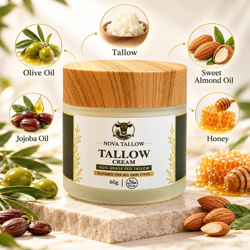 NOVA TALLOW beef tallow cream 60g with grass-fed tallow, olive oil, sweet almond oil, jojoba oil and honey ingredient illustrations.