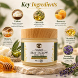 NOVA TALLOW whipped beef tallow honey balm 60g, a moisturizing beef tallow cream with grass-fed tallow, olive oil, beeswax, honey, vitamin E and lavender essential oil.