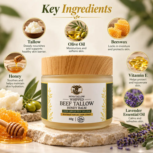 NOVA TALLOW whipped beef tallow honey balm 60g, a moisturizing beef tallow cream with grass-fed tallow, olive oil, beeswax, honey, vitamin E and lavender essential oil.