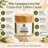 NOVA TALLOW 60g halal grass-fed beef tallow cream with eight illustrated skincare benefits, including deep hydration, skin barrier support and softer, smoother skin.
