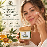 NOVA TALLOW whipped beef tallow honey balm 60g held by a woman applying the moisturizing balm to her cheek, with honey and botanical accents.