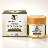 NOVA TALLOW Whipped Beef Tallow Honey Balm 60g jar with wooden lid beside matching cream and olive green product box.