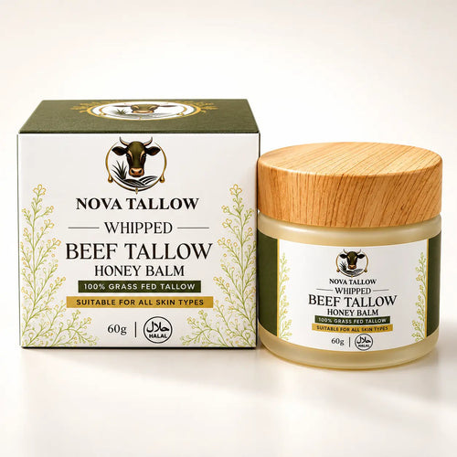 NOVA TALLOW Whipped Beef Tallow Honey Balm 60g jar with wooden lid beside matching cream and olive green product box.
