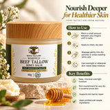 NOVA TALLOW whipped beef tallow honey balm 60g jar with how-to-use steps for dry skin and overnight moisturizing.