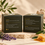 Two NOVA TALLOW whipped halal beef tallow balm boxes showing ingredients, skin benefits and how-to-use instructions.