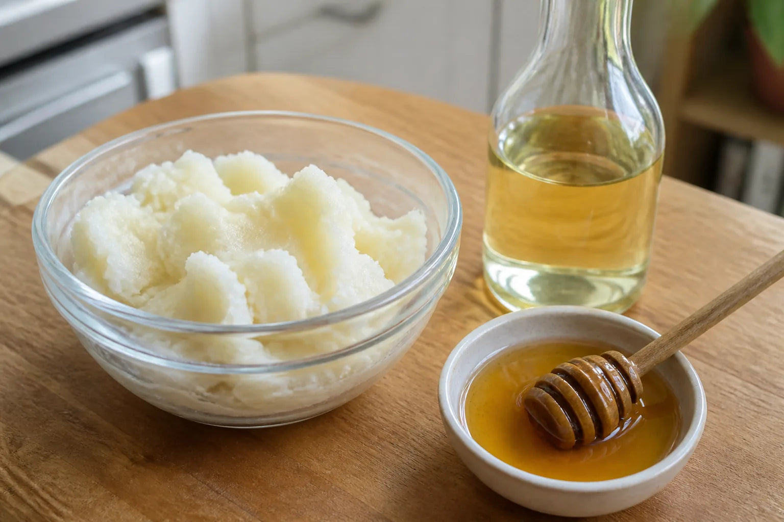 Beef tallow, oil and honey ingredients on a wooden board